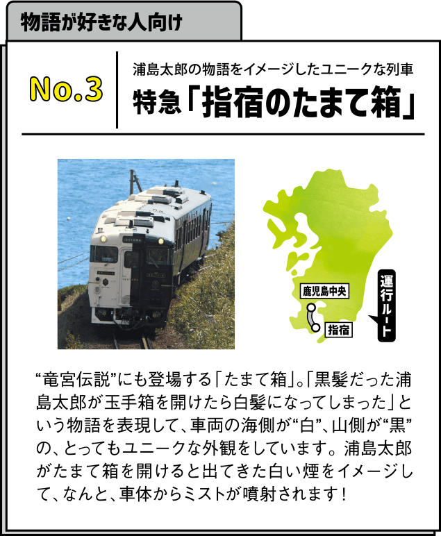 物語が好きな人向け No.3 浦島太郎の物語をイメージしたユニークな列車 特急「指宿のたまて箱」
